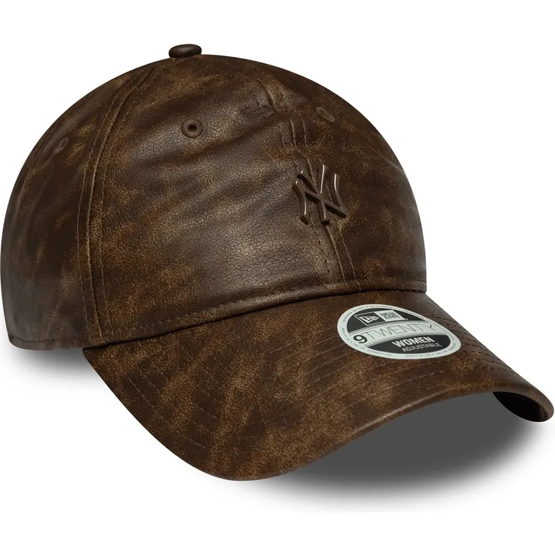 braune-verstellbare-curved-cap-fur-damen-mit-braunem-logo-9twenty-worn-pu-der-new-york-yankees-mlb-von-new-era