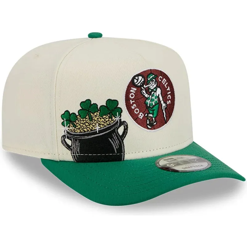 casquette-courbee-beige-et-verte-snapback-9fifty-a-frame-precurved-hardwood-classics-boston-celtics-nba-new-era