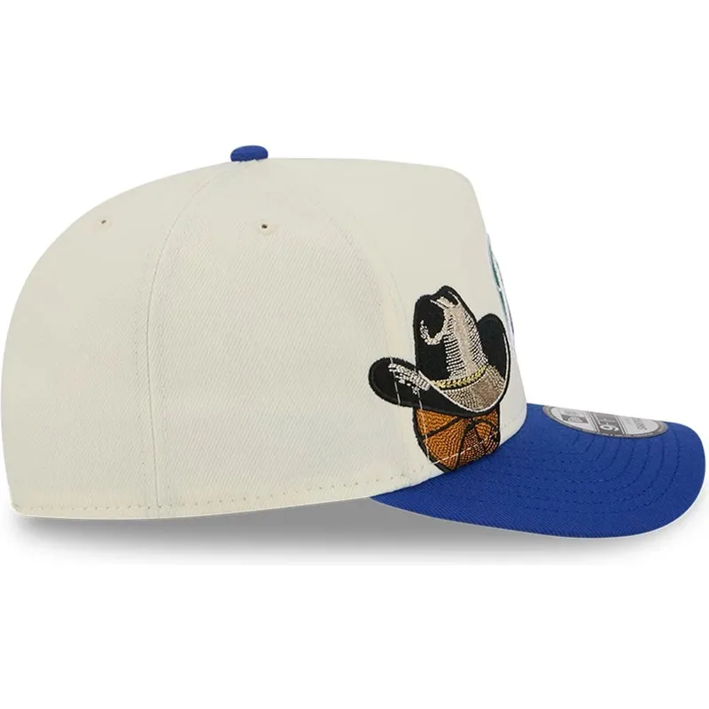 casquette-courbee-beige-et-bleue-snapback-9fifty-a-frame-precurved-hardwood-classics-dallas-mavericks-nba-new-era