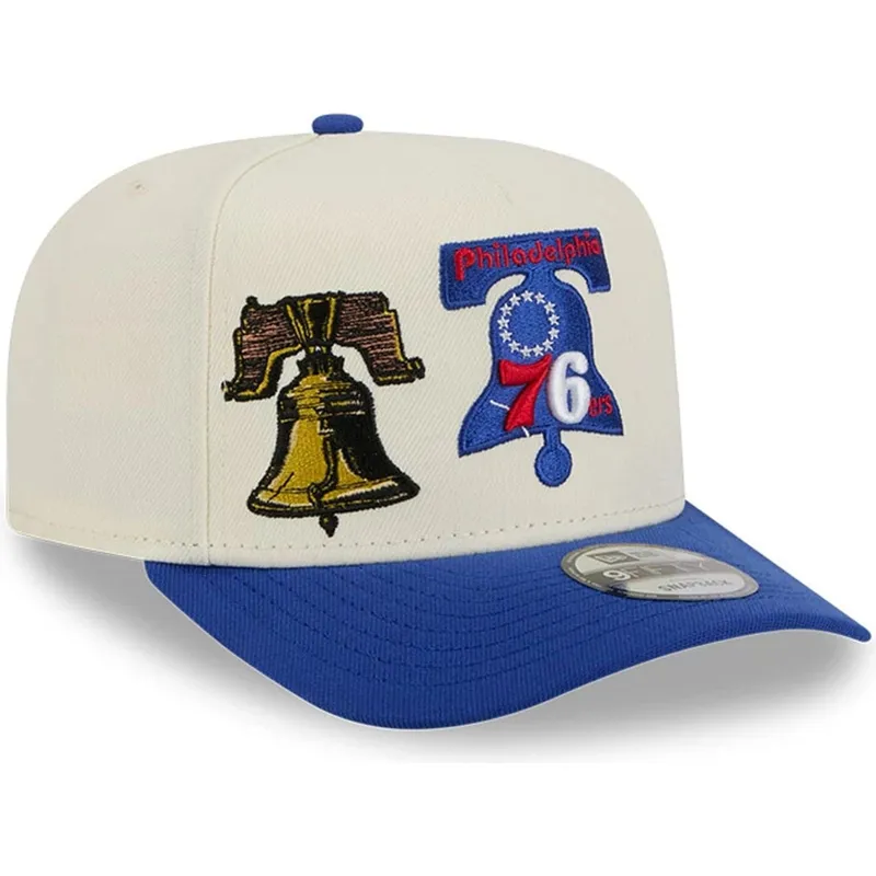 casquette-courbee-beige-et-bleue-snapback-9fifty-a-frame-precurved-hardwood-classics-philadelphia-76ers-nba-new-era