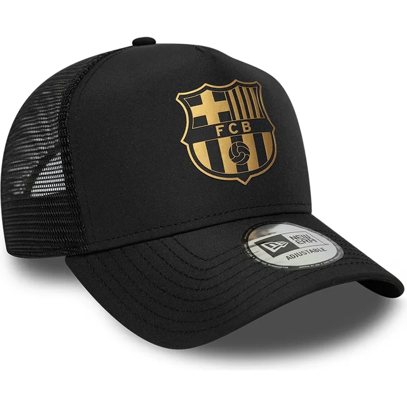 schwarze-fc-barcelona-laliga-a-frame-gold-trucker-kappe-von-new-era