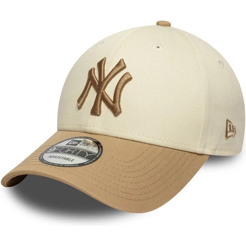 beige-und-braune-verstellbare-curved-cap-mit-braunem-logo-9forty-colour-block-der-new-york-yankees-mlb-von-new-era