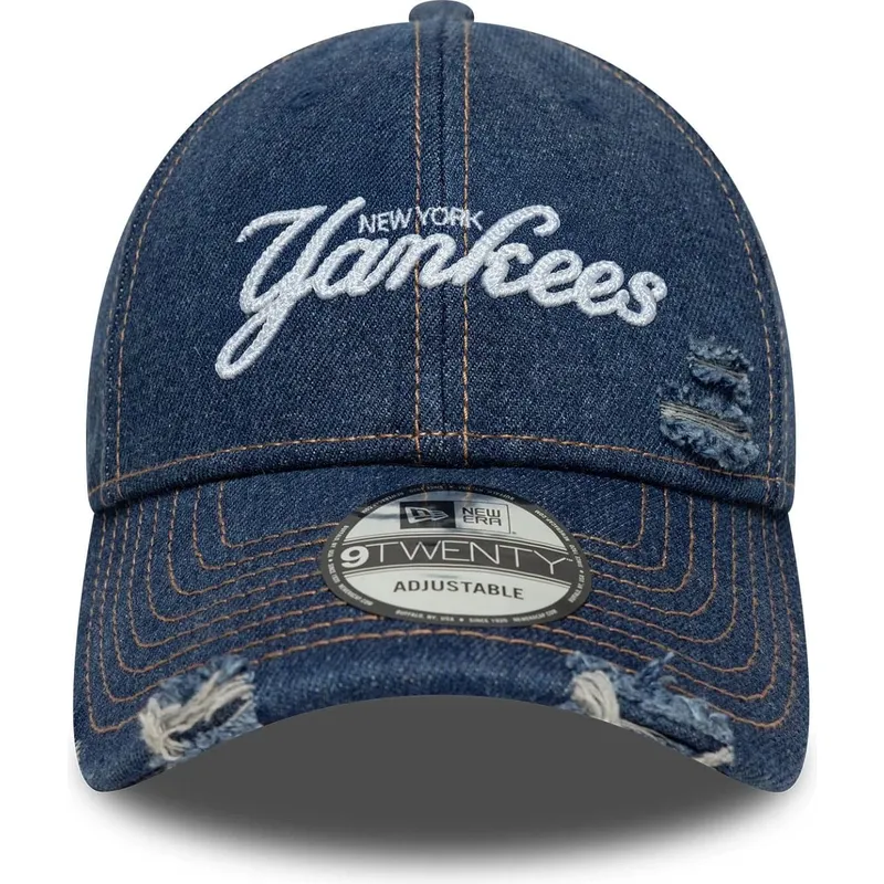 cepur-izliekta-zils-regulejams-9twenty-denim-distress-no-new-york-yankees-mlb-no-new-era