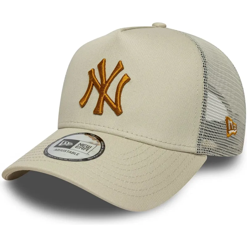 beige-trucker-cap-mit-braunem-logo-a-frame-league-essential-der-new-york-yankees-mlb-von-new-era
