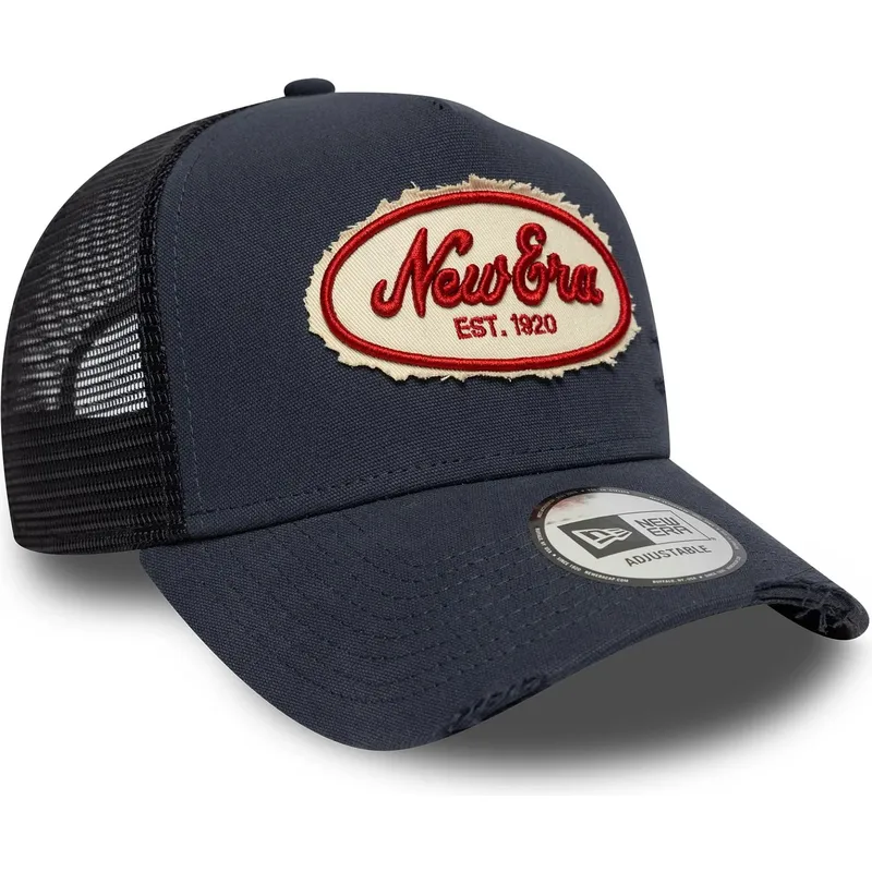 casquette-trucker-bleue-marine-a-frame-oval-canvas-distress-new-era