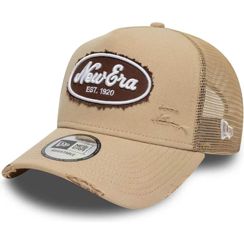 casquette-trucker-marron-a-frame-oval-canvas-distress-new-era