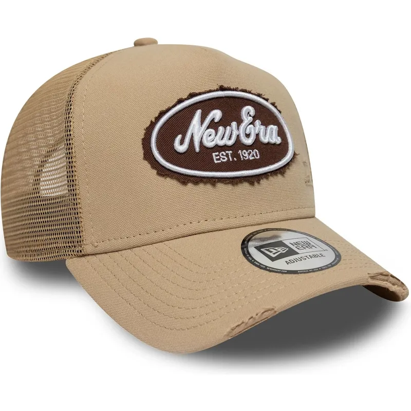 casquette-trucker-marron-a-frame-oval-canvas-distress-new-era
