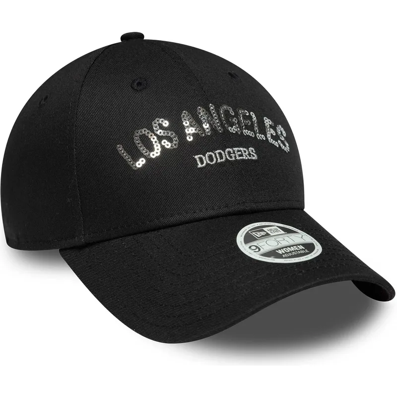 cepur-izliekta-melns-regulejama-lente-9forty-sequin-wordmark-no-los-angeles-dodgers-mlb-no-new-era