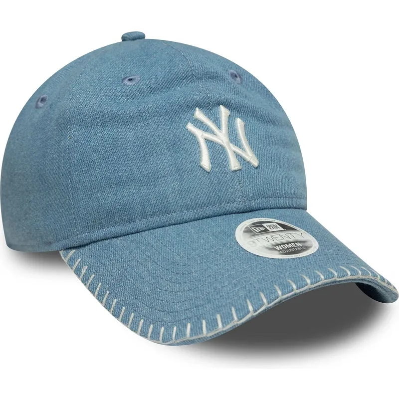 blaue-gebogene-verstellbare-damenkappe-9twenty-denim-stitch-der-new-york-yankees-mlb-von-new-era