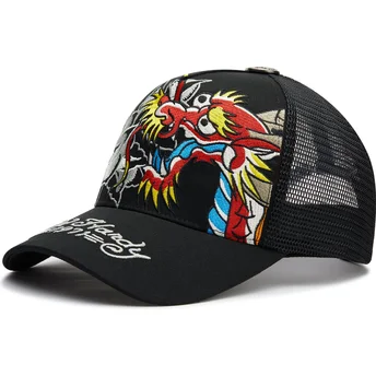 Schwarze Trucker-Kappe Dragon And Roses Graphic von Ed Hardy