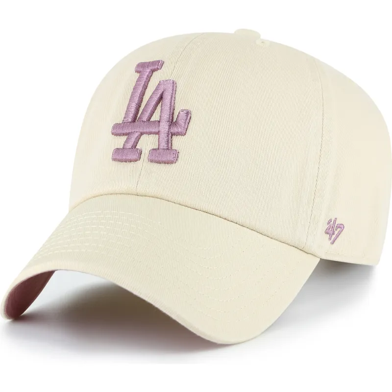 beige-justerbar-kurvad-keps-med-lila-clean-up-ballpark-logotyp-fran-los-angeles-dodgers-mlb-av-47-brand