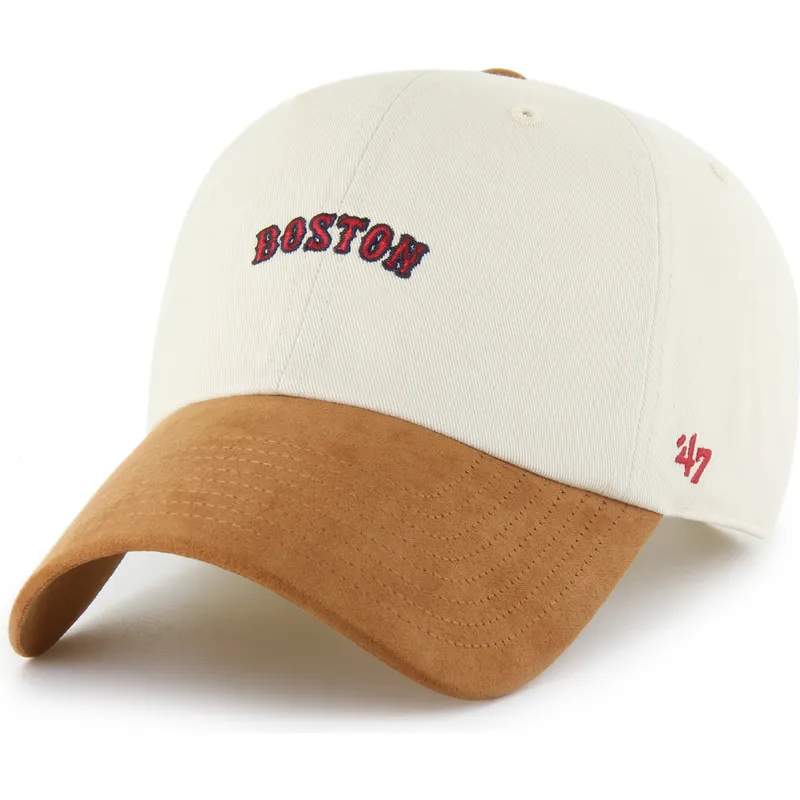 casquette-courbee-beige-et-marron-ajustable-clean-up-mini-script-suede-visor-boston-red-sox-mlb-47-brand