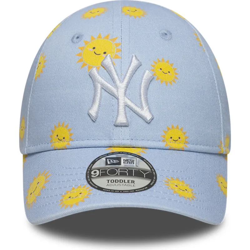 blaue-gebogene-verstellbare-kappe-fur-kinder-9forty-summer-all-over-print-der-new-york-yankees-mlb-von-new-era