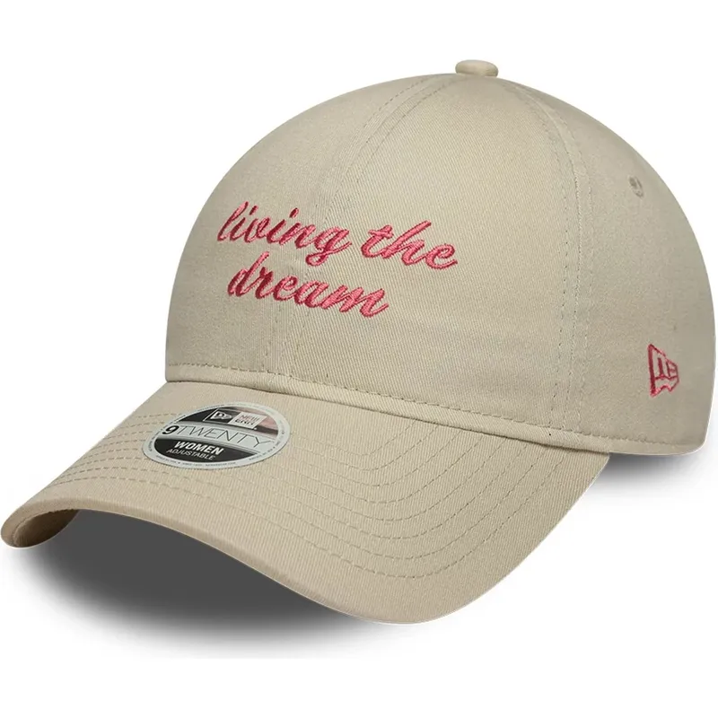 new-era-curved-brim-women-9twenty-living-the-dream-slogan-beige-adjustable-cap