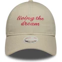 new-era-curved-brim-women-9twenty-living-the-dream-slogan-beige-adjustable-cap