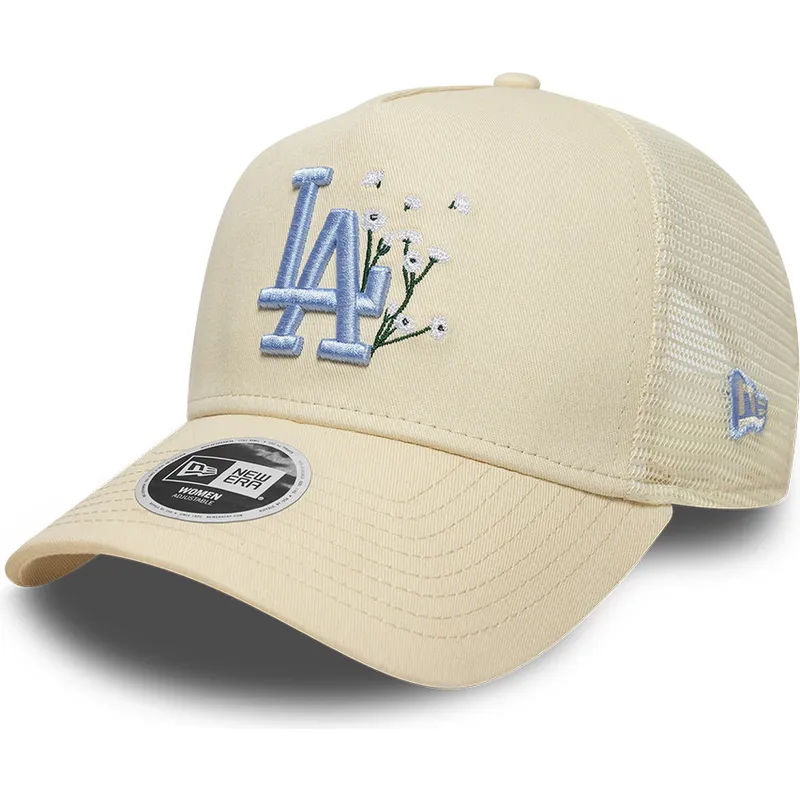 casquette-trucker-beige-avec-logo-bleu-pour-femme-9forty-a-frame-floral-los-angeles-dodgers-mlb-new-era