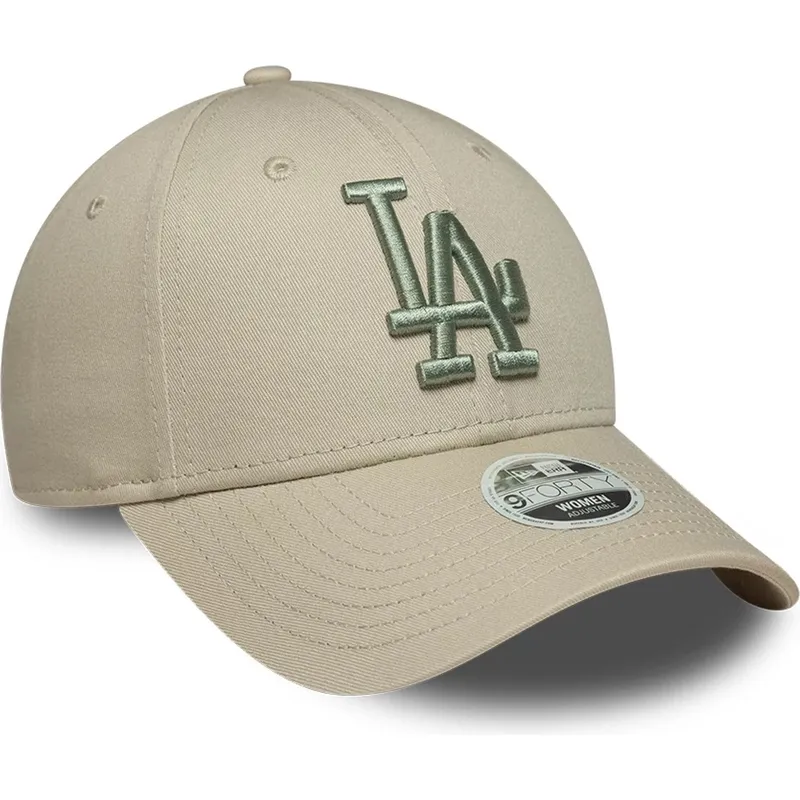 beige-verstellbare-curved-cap-mit-grunem-logo-fur-damen-9forty-league-essential-der-los-angeles-dodgers-mlb-von-new-era
