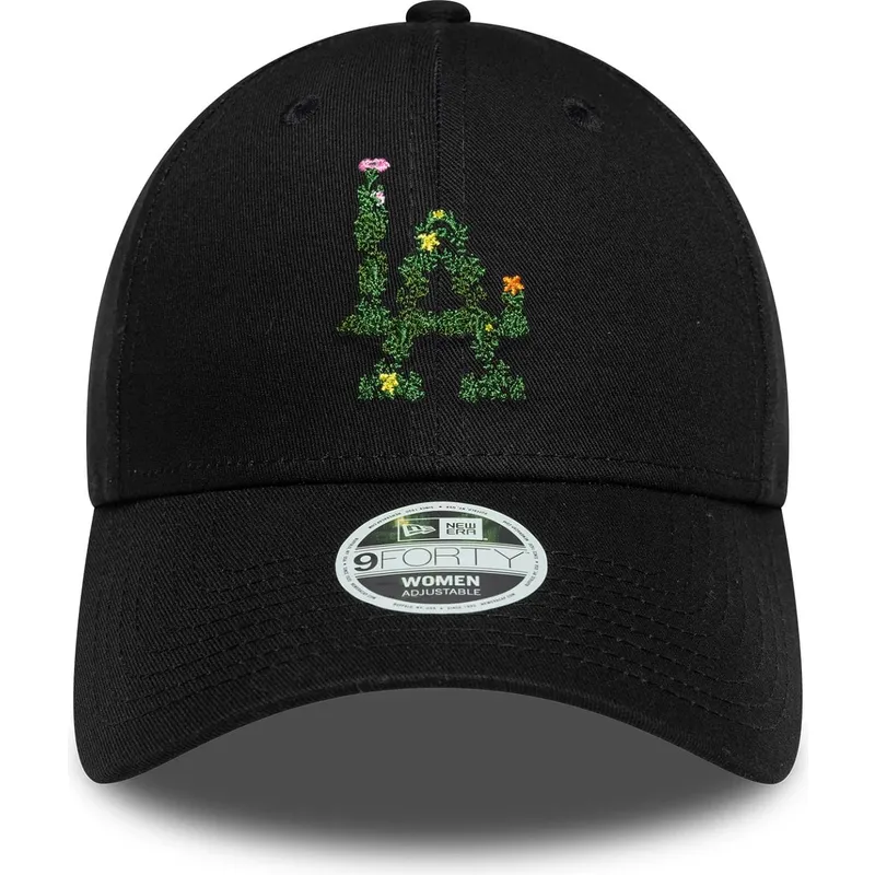 schwarze-verstellbare-curved-cap-fur-damen-9forty-floral-infill-der-los-angeles-dodgers-mlb-von-new-era