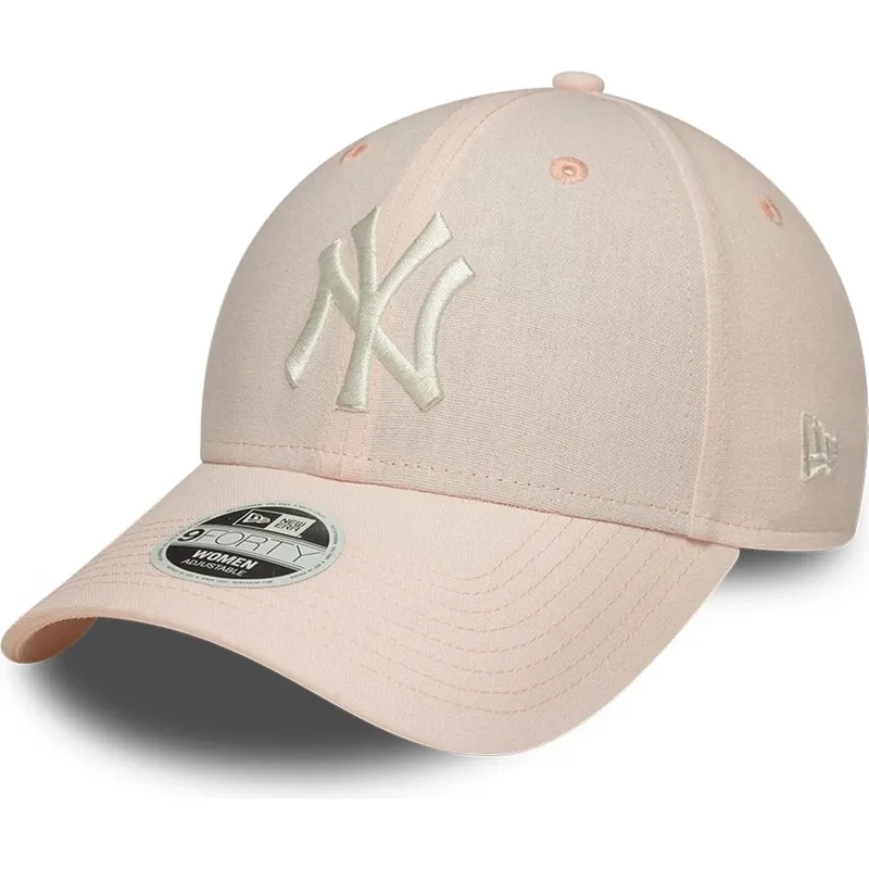hellrosa-gebogene-verstellbare-damenkappe-9forty-linen-der-new-york-yankees-mlb-von-new-era