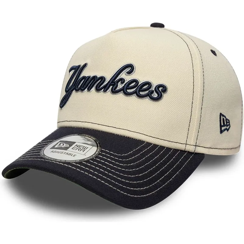 casquette-courbee-beige-et-bleue-marine-snapback-e-frame-city-icon-new-york-yankees-mlb-new-era