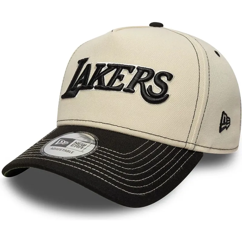 casquette-courbee-beige-et-noire-snapback-e-frame-city-icon-los-angeles-lakers-nba-new-era