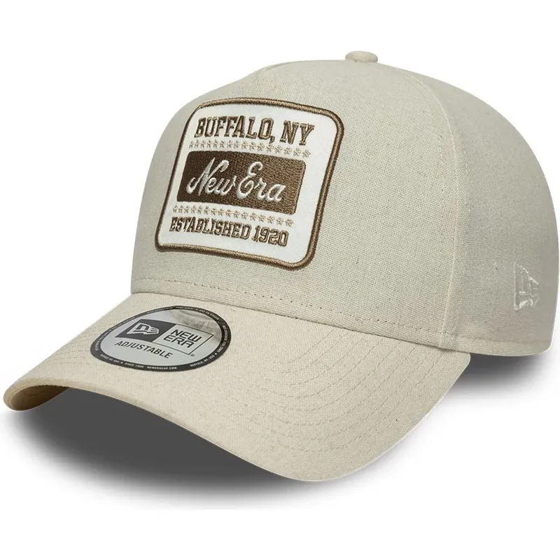 casquette-courbee-beige-snapback-e-frame-patch-linen-new-era