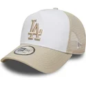 casquette-trucker-beige-et-blanche-avec-logo-beige-a-frame-league-essential-los-angeles-dodgers-mlb-new-era