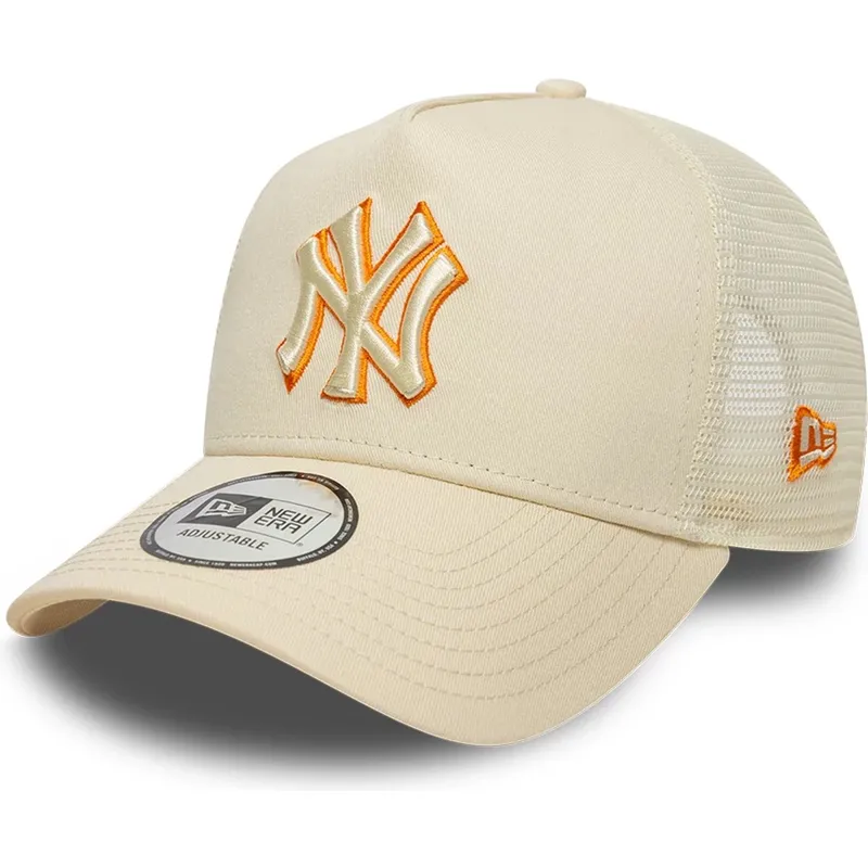 trucker-cap-beige-mit-beigem-logo-a-frame-outline-von-new-york-yankees-mlb-von-new-era