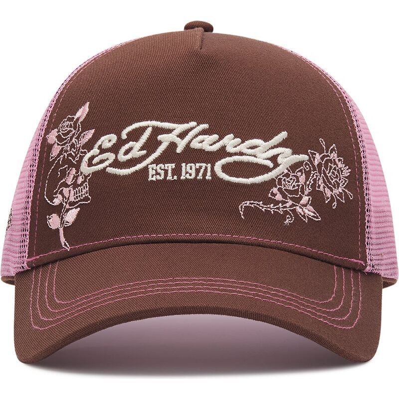 cepur-izliekta-truckeris-bruns-snapback-rosa-skull-and-roses-no-ed-hardy