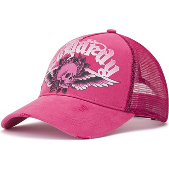 Cepur izliekta truckeris rozā snapback Flaming Gothic Skull Washed no Ed Hardy