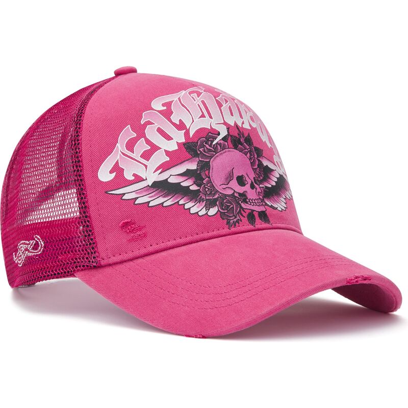 cepur-izliekta-truckeris-roza-snapback-flaming-gothic-skull-washed-no-ed-hardy