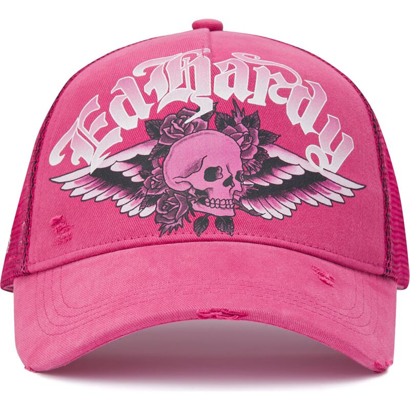 cepur-izliekta-truckeris-roza-snapback-flaming-gothic-skull-washed-no-ed-hardy