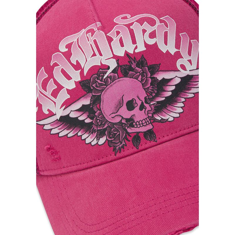 cepur-izliekta-truckeris-roza-snapback-flaming-gothic-skull-washed-no-ed-hardy
