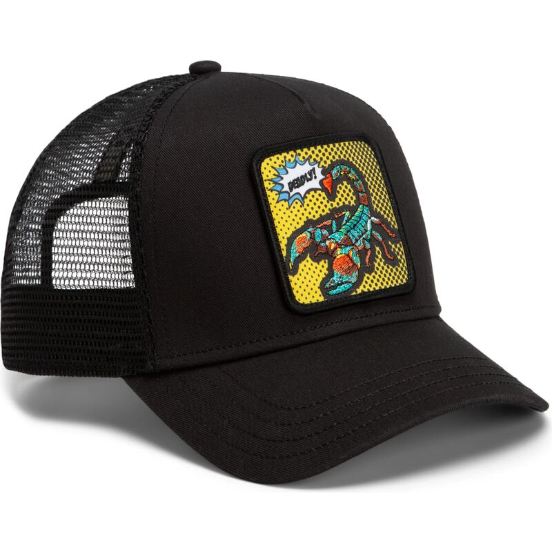 cepur-izliekta-truckeris-melns-snapback-deadly-scorpion-pop-art-strikes-back-the-farm-goorin-bros