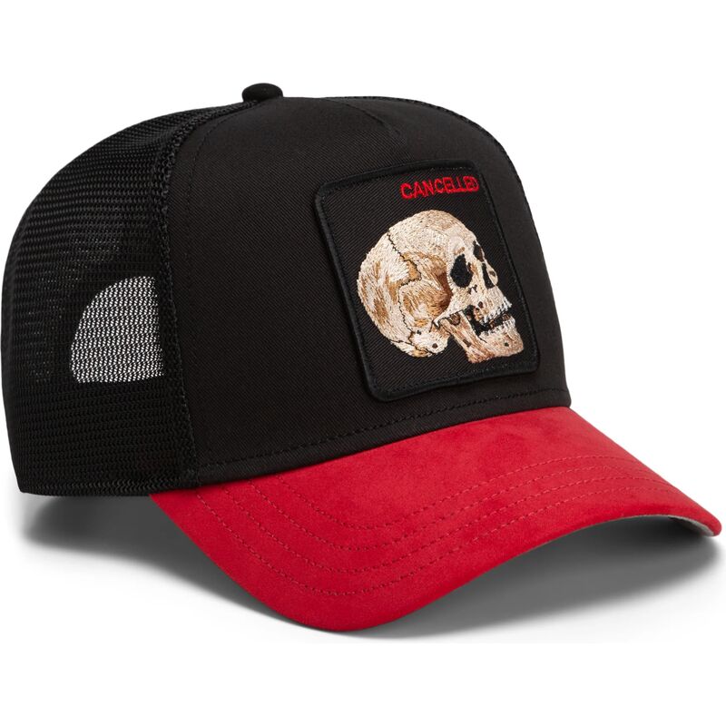 cepur-izliekta-truckeris-melns-snapback-cancelled-skull-microsuede-the-farm-goorin-bros