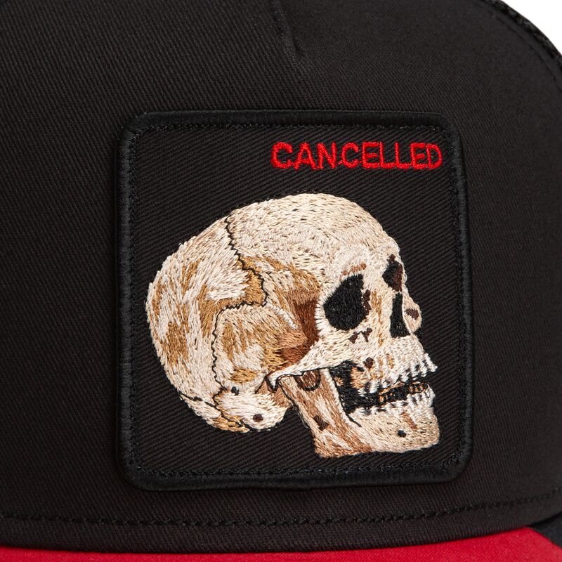 cepur-izliekta-truckeris-melns-snapback-cancelled-skull-microsuede-the-farm-goorin-bros