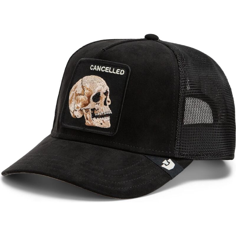 cepur-izliekta-truckeris-melns-snapback-suede-cancelled-skull-microsuede-the-farm-goorin-bros