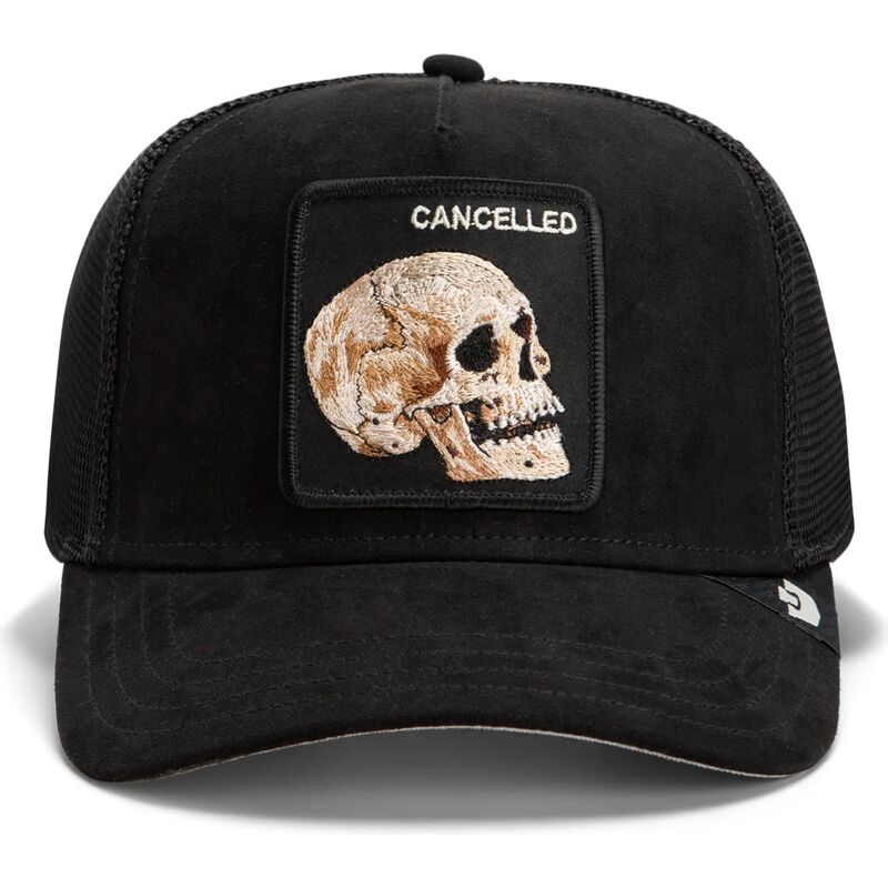 cepur-izliekta-truckeris-melns-snapback-suede-cancelled-skull-microsuede-the-farm-goorin-bros