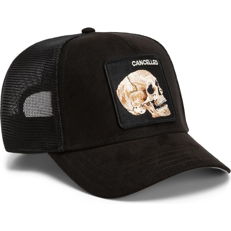 cepur-izliekta-truckeris-melns-snapback-suede-cancelled-skull-microsuede-the-farm-goorin-bros