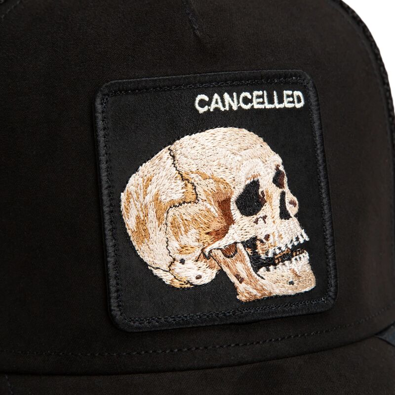 cepur-izliekta-truckeris-melns-snapback-suede-cancelled-skull-microsuede-the-farm-goorin-bros
