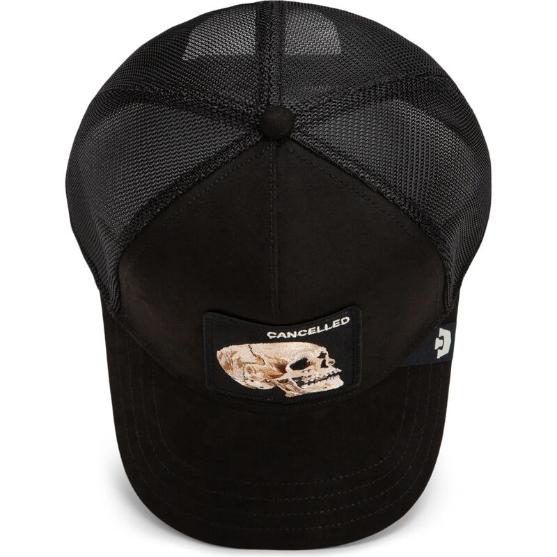 cepur-izliekta-truckeris-melns-snapback-suede-cancelled-skull-microsuede-the-farm-goorin-bros