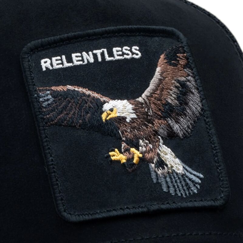 cepur-izliekta-truckeris-melns-snapback-suede-relentless-eagle-microsuede-the-farm-goorin-bros